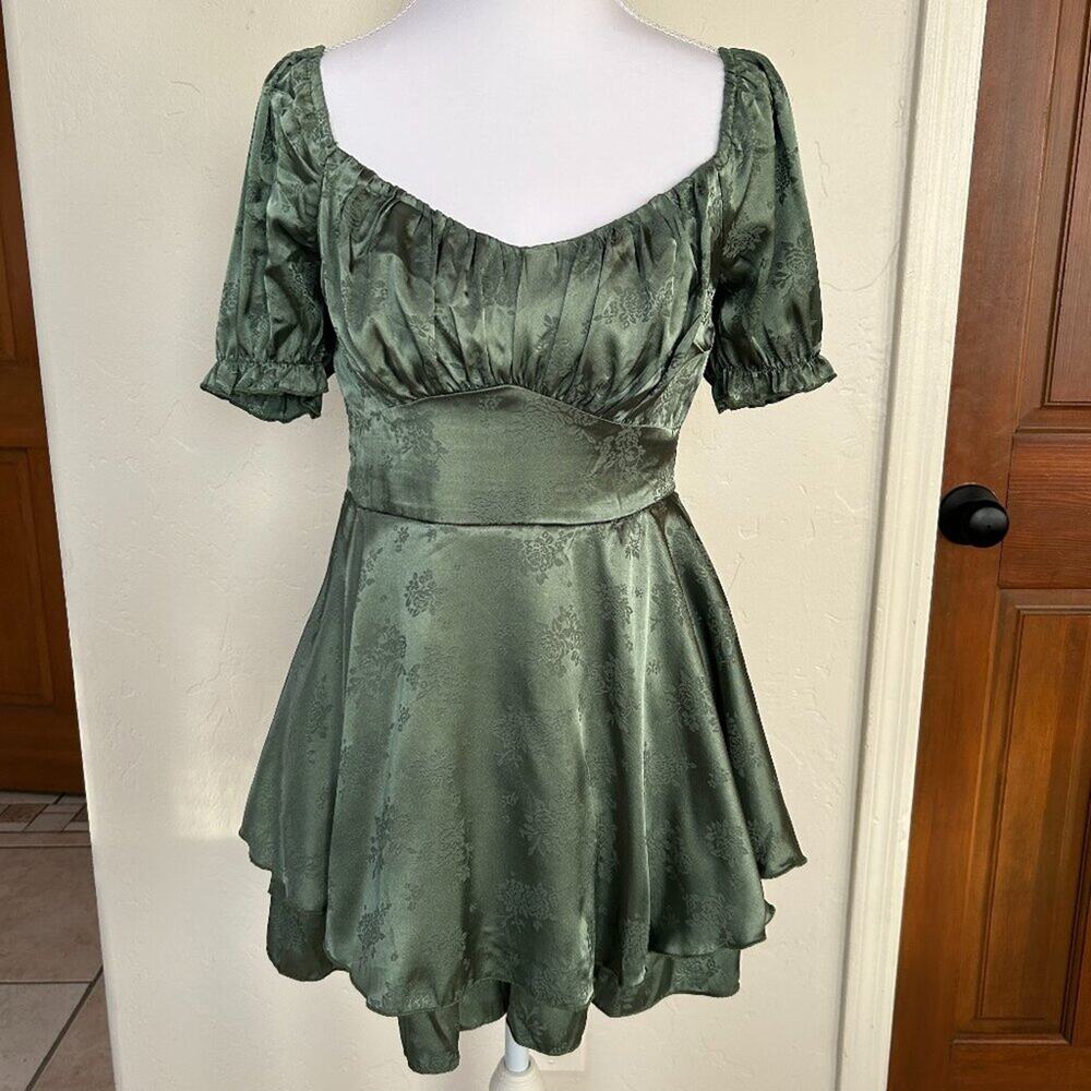 Milkmaid Romper Sage Satin Puff Sleeve Babydoll Coquette Fairycore S